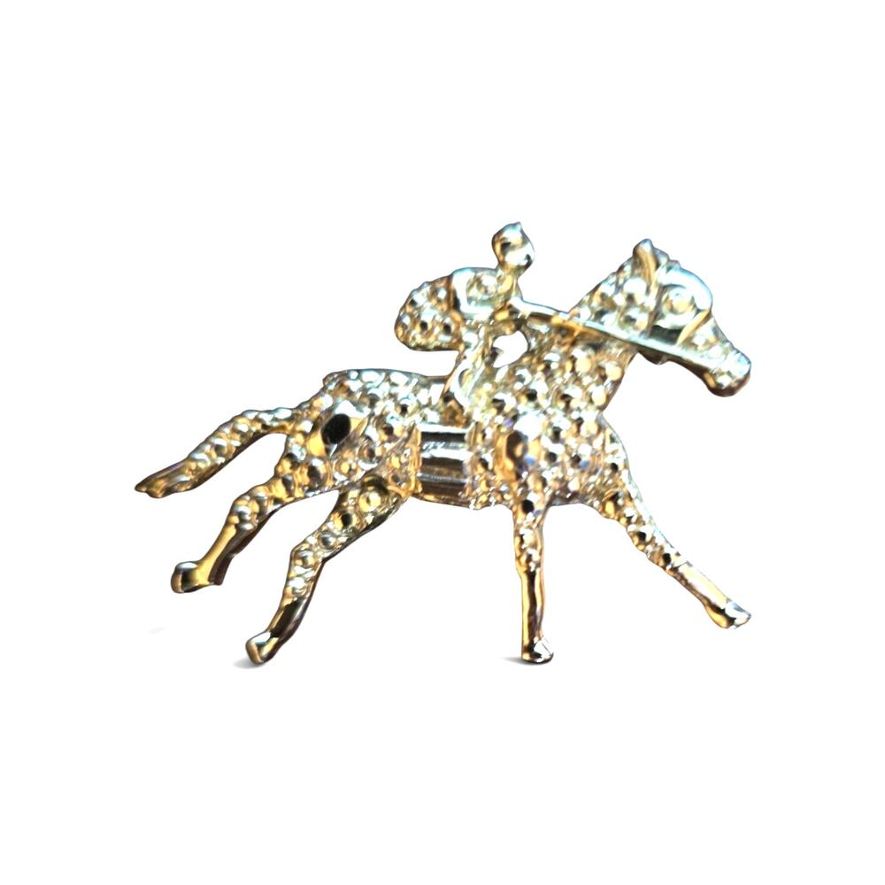 Goldtone Racing Horse Jockey Brooch Pin 2"